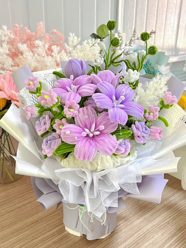 purple flower bouquet with wrap